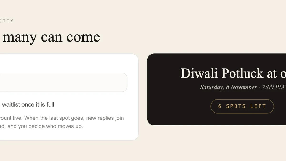 Capacity set in the editor beside the public invite showing how many spots are left.