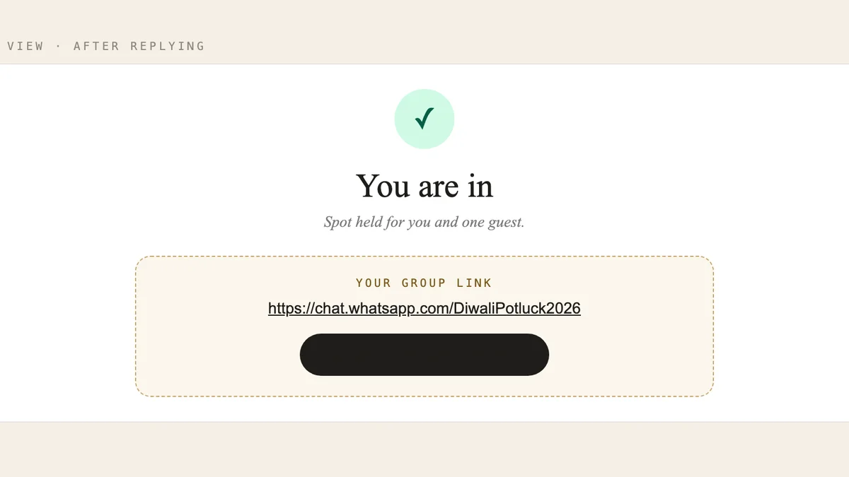 The guest success screen after replying, with the private group link revealed.