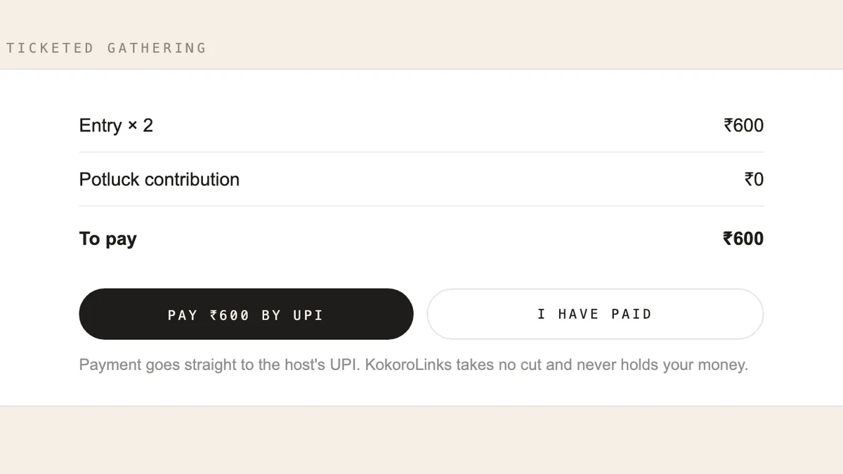 The payment step for a ticketed gathering: pay by UPI, or mark that you have already paid.