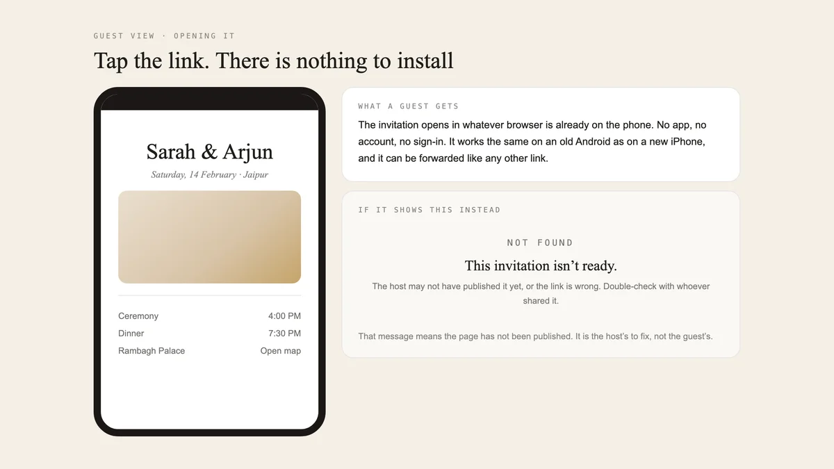 A phone showing the invitation, beside the not-found message a guest sees when the page has not been published.