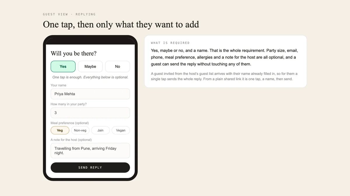 The reply form on a phone: yes, maybe or no, a name, and optional party size, meal chips and a note.