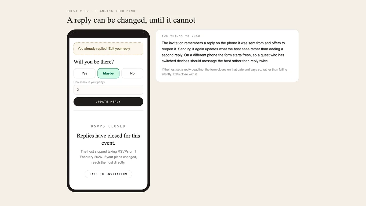 The reply reopened for editing, above the closed-RSVP message shown once the deadline passes.