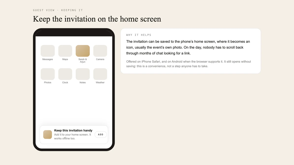 A phone home screen with the event saved as its own icon, and the card that offers to add it.