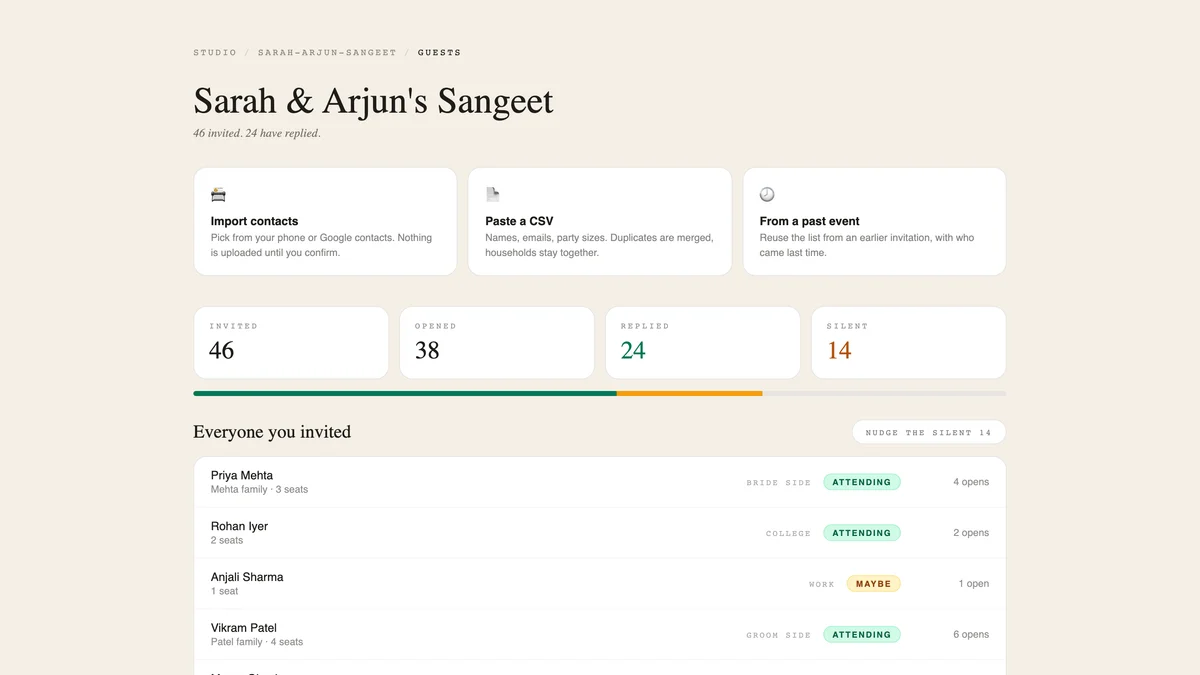 The guest list page: rows of guests above three import doors — phone contacts, a CSV, or a previous event.