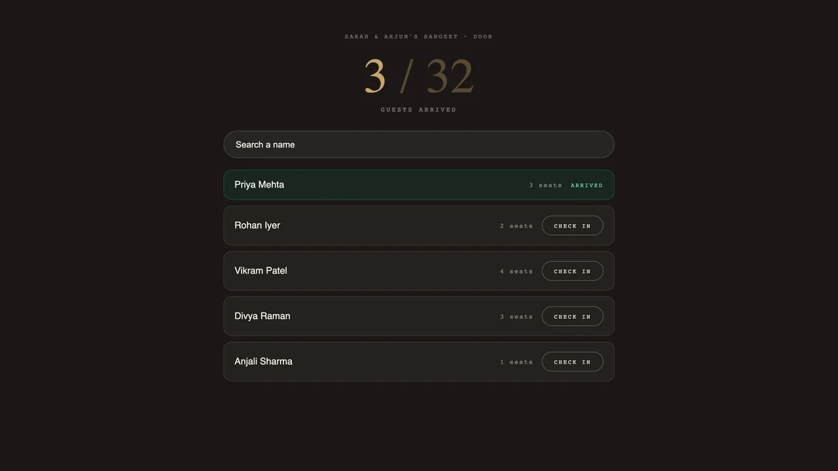 The door screen on the night: a large arrived count, a search box, and a tap-to-check-in list.