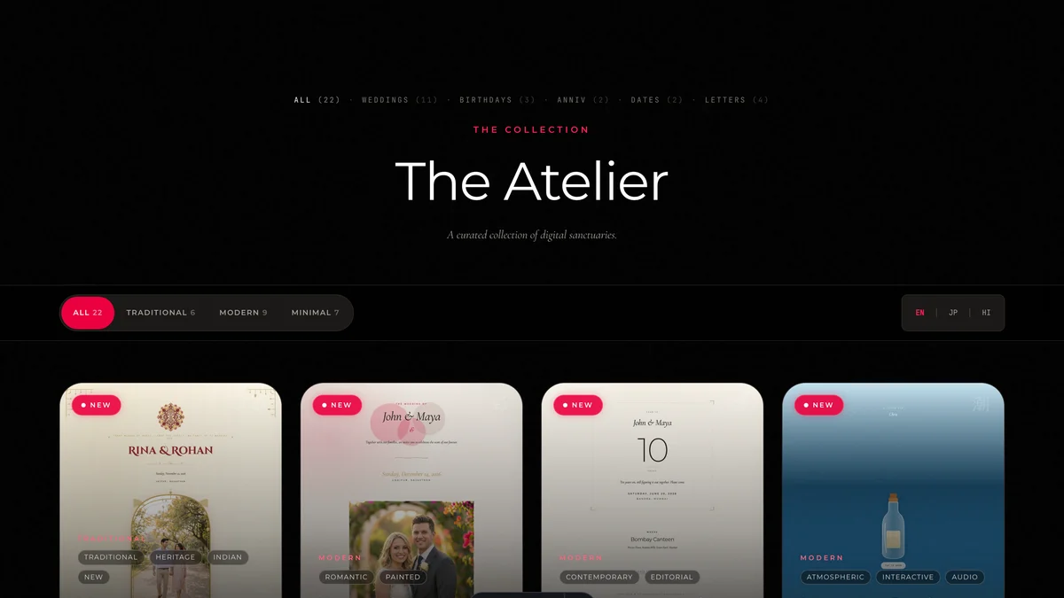 The /collections gallery showing template thumbnails with event-type filters at the top.