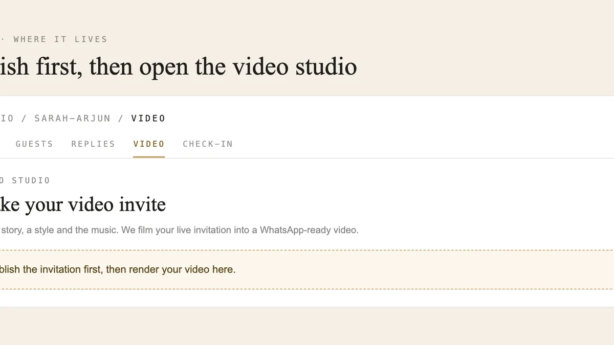 The video studio tab on an event, with a notice saying to publish the invitation first.