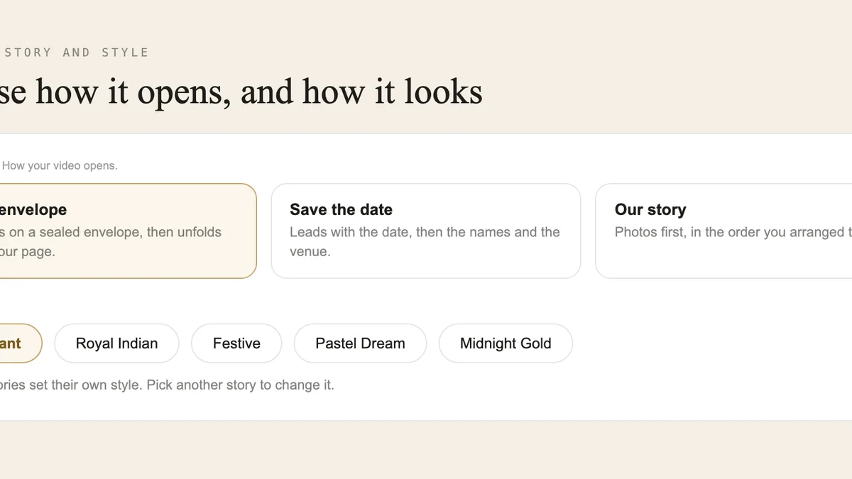 Story cards above a row of five style options, with one story and one style selected.