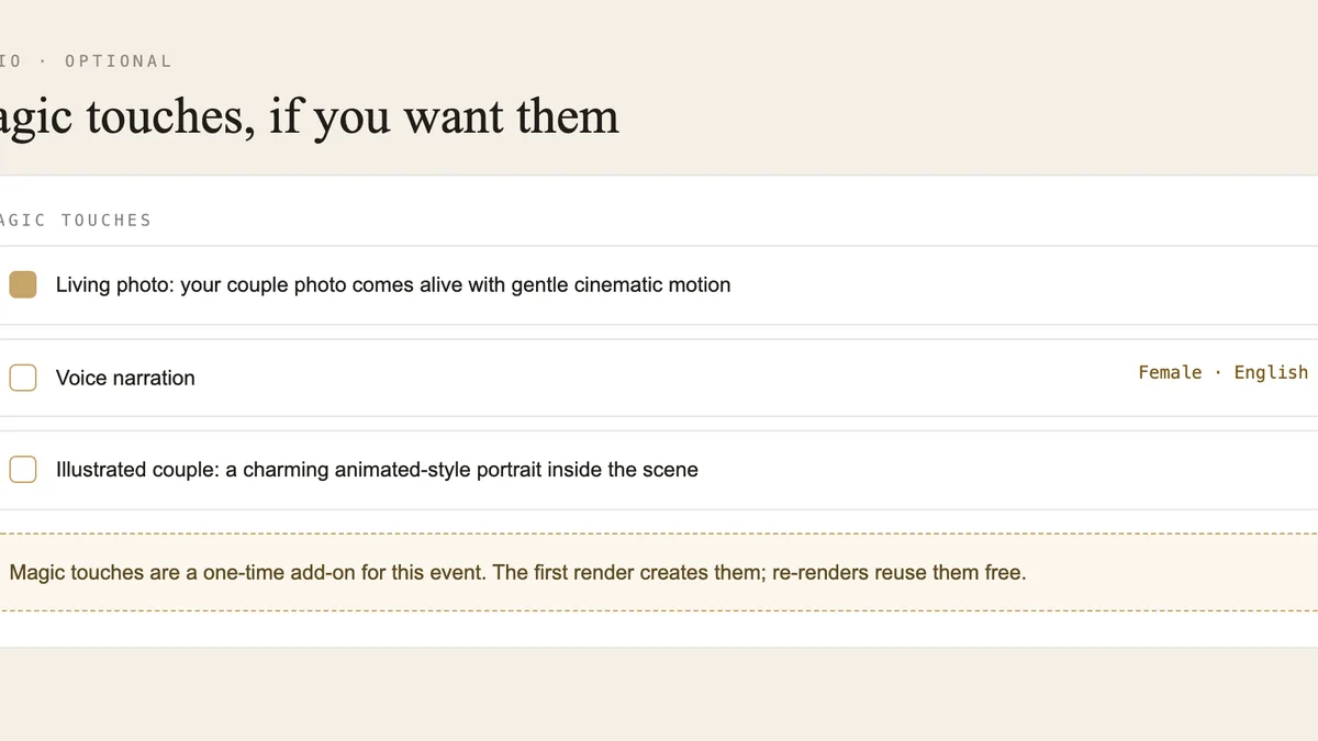 Three magic touch options with a note that they are a one-time add-on.