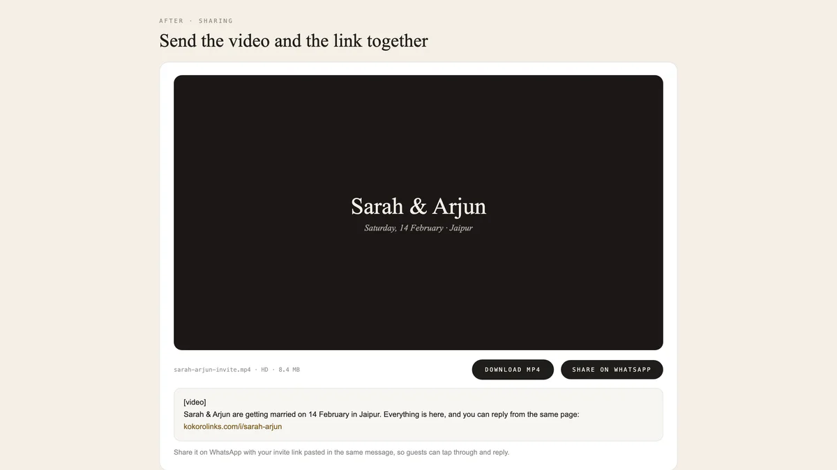 The finished video with a download button and a WhatsApp message containing the invite link.